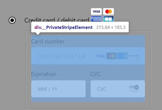 A screenshot of The Shekel Shop revealing a Stripe element on the payment form.