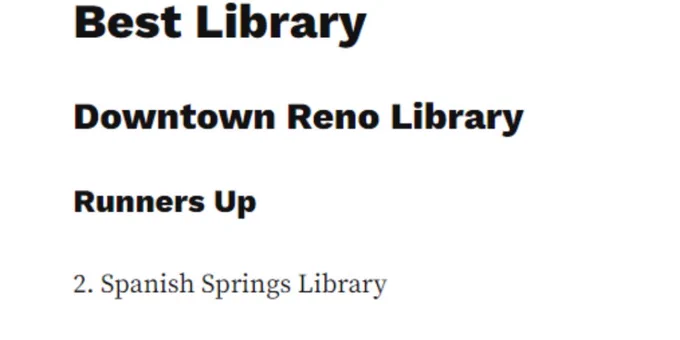 Photo two shows a screenshot of the list of winners featured in the issue. Runners-up were the Spanish Springs Library, Northwest Reno Library, and South Valleys Library. 