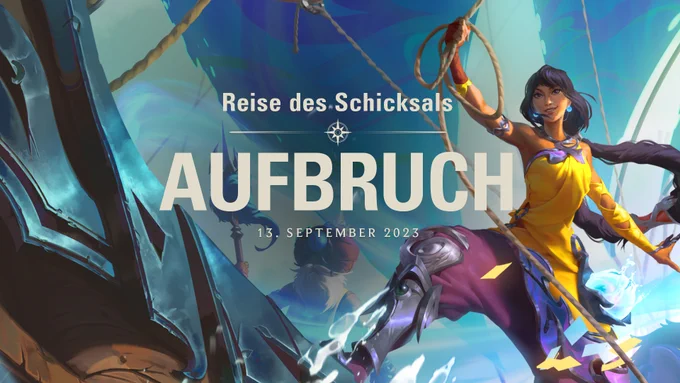Das Bild zeigt einen Ausschnitt der Hauptillustration von „Reise des Schicksals: Aufbruch“. Nilah steht am Rand eines Schiffes mit einem Crewmitglied im Hintergrund. Sie blickt mit einem erfreuten Lächeln in Richtung des entfernten Horizonts, während sie in ihrer rechten Hand ein Seil hält. Im Hintergrund hinter der Crew sind das Segel und verschiedene Seile des Schiffes zu sehen. Vor Nilah ist Wasser von den Wellen und schwebende gelbe und blaue Karten.