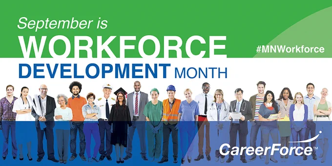 Graphic includes a line of people in various professional attire with text that reads September is Workforce Development Month.