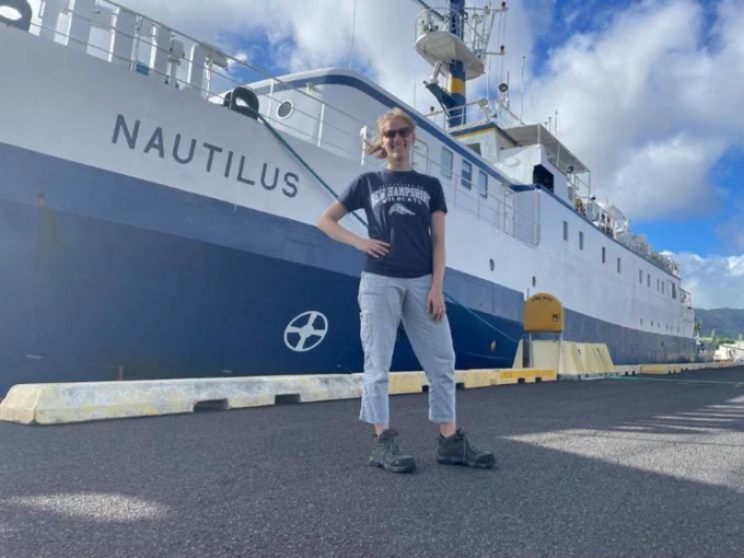 Natalie in front of the exploration vessel Nautilus in Honolulu, Hawaii where she spent a summer internship focusing on marine robotics.