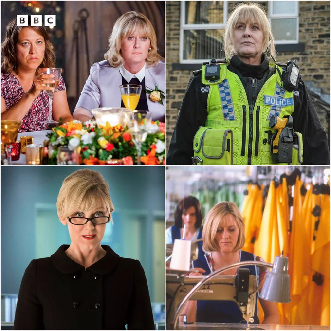 Clockwise from top right: Nicola Walker and Sarah Lancashire sit at a dinner table in Last Tango in Halifax, Sarah Lancashire in police uniform as Catherine Cawood in Happy Valley, Sarah Lancashire as a Yvonne, operating a sewing machine in Clocking Off and Sarah Lancashire as Miss Foster in Doctor Who