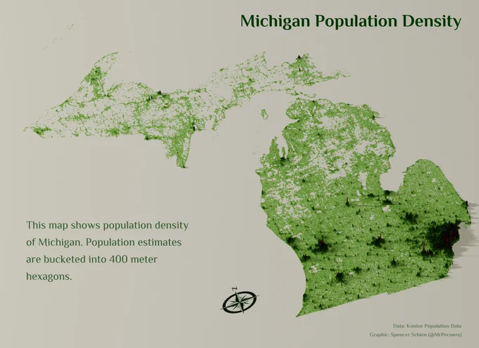Population density map of Michigan, rendered in 3d with R using the rayshader package.