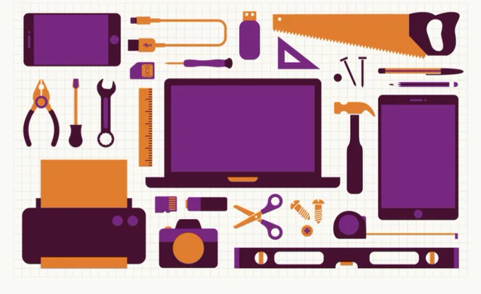 Graphic made up largely of black, purple and orange showing screens, items such as a printer and a camera and tools such as a hammer and a ruler