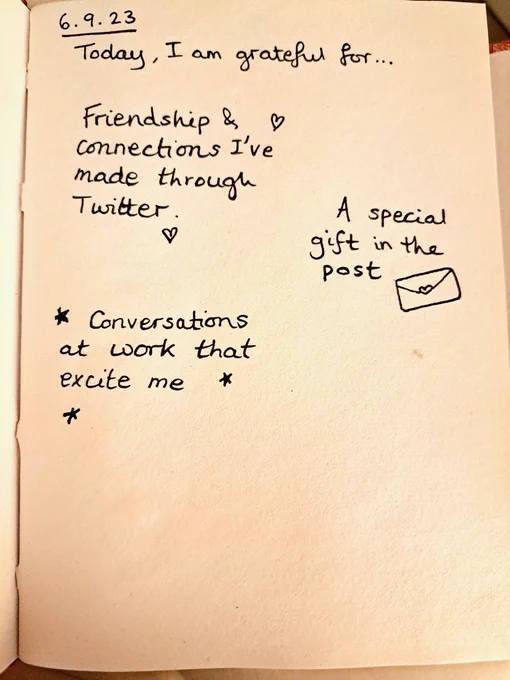 My handwriting:
Today I am grateful for...
Friendship and connections I've made through Twitter, a special gift in the post, conversations at work that excite me