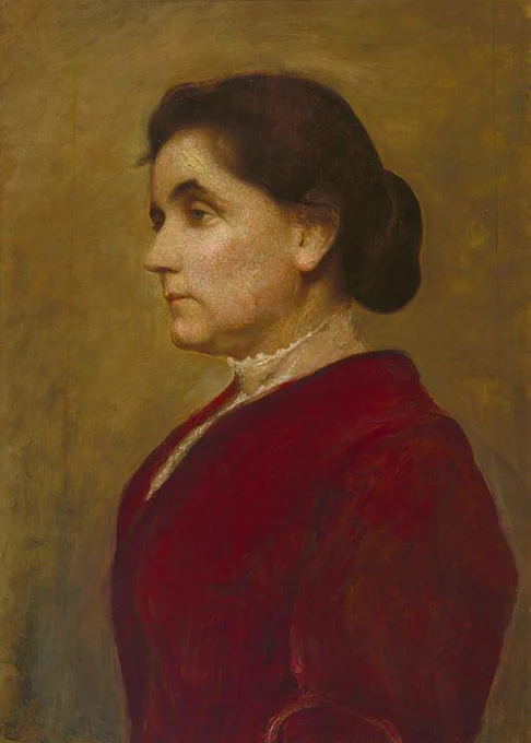 Painting of Jane Addams, her brown hair in a bun, with a high necked shirt and red jacket.