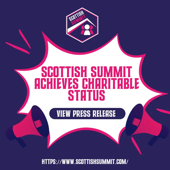Navy background with pink and white splash design, website address, including pink and white text. Social media text announces that 'Scottish Summit Achieves Charitable Status as a Scottish Charitable Incorporated Organisation (SCIO)'.