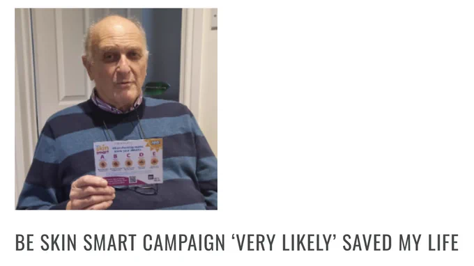 Read more about the @nhskmca #BeSkinSmart campaign shortlisted for a HSJ Award: ‘NHS Communications Initiative of the Year’, and how it saved someone’s life👉🏼https://tinyurl.com/253y52ke 

The @HSJ_Awards  ceremony is on 16 November 🍀🤞🏼
#skincancer #Awareness 