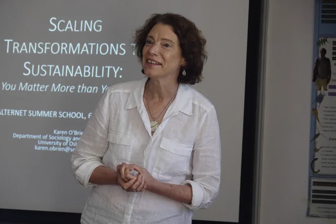 Karen O’Brien giving her presentation in the lecture room in Peyresq