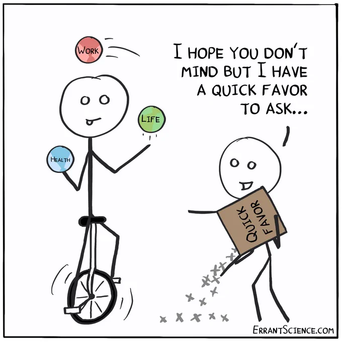 Stick person cartoon, one on a unicycle juggling and one pouring our caltrops from a box