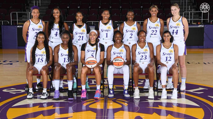 Sparks players on the court for a team photo. 