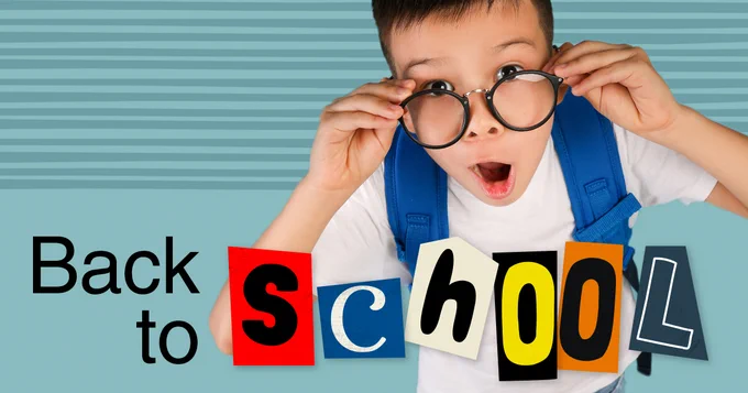 Mention of the back to school season, with a portrait of a happy student wearing glasses.
