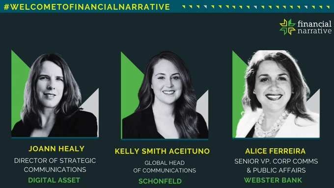 Rolling out the digital red carpet to #WelcomeToFinancialNarrative our newest trio of financial marcomms leaders: 
- Alice Ferreira - Senior VP of Corporate Communications and Public Affairs at Webster Bank
- Joann Healy - Director of Strategic Communications at Digital Asset
- Kelly Smith Aceintuno - Global Head of Communications at Schonfeld

Thrilled to have you in our network of financial C-Suite storytellers!

Looking forward to welcome you to our upcoming Advancing Women’s Career in Finance roundtable & happy hour [https://www.linkedin.com/events/advancingwomen-scareersinfinanc7103037692900241408/comments/] in New York on September 28 - hosted in collaboration with 100 Women in Finance and Vested. 
