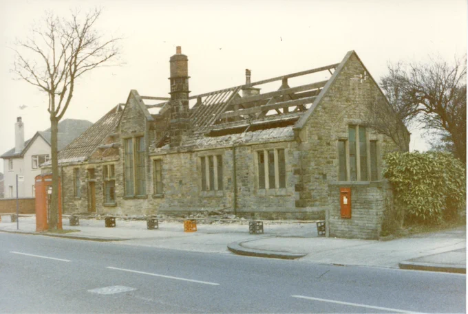 Print showing Bare School in Morecambe during demolition