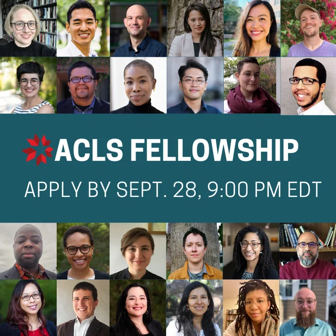 Grid of headshots of 2023 ACLS Fellows with text "ACLS Fellowship. Apply by September 28, 2023, 9:00 PM EDT"