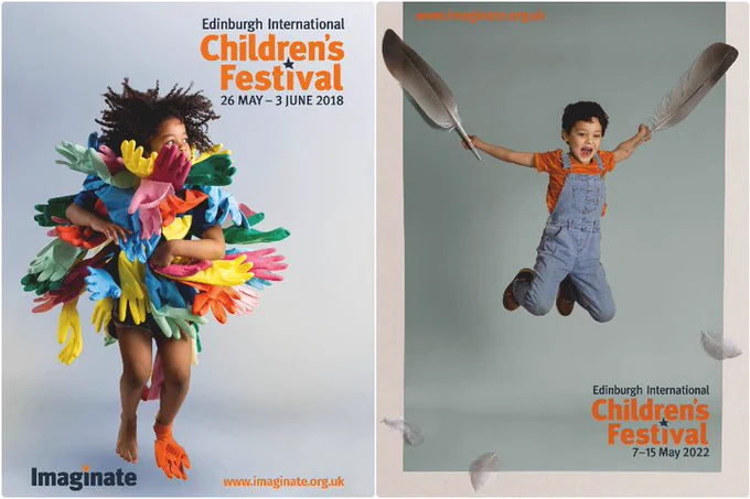 decorative image: two previous year's cover images from the programme of the edinburgh international childrens festival 