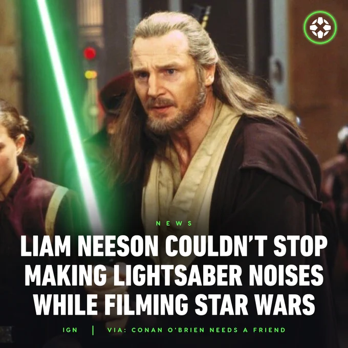 Liam Neeson as Qui-Gon Jinn, looking concerned and holding his lightsaber in ready position. Caption reads: Liam Neeson Couldn't Stop Making Lightsaber Noises While Filming Star Wars