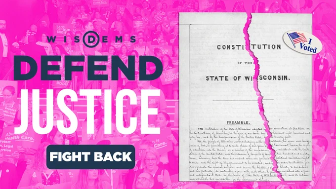 The WI Constitution is ripped on one half, on the left side bold text reads "DEFEND JUSTICE" with a button that says "FIGHT BACK"