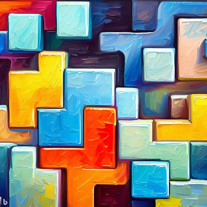 Tetris bricks painted with different colours.