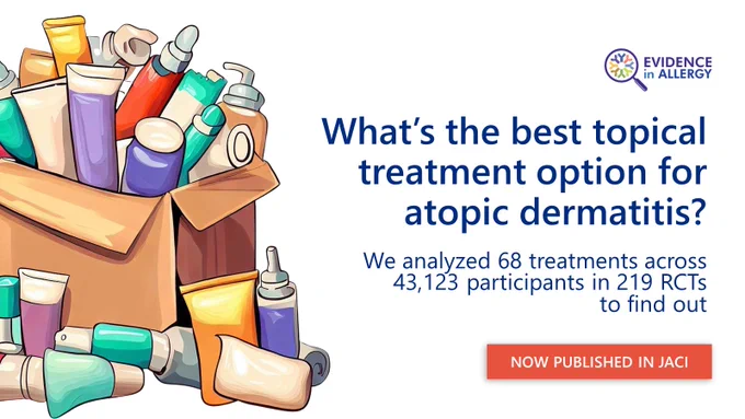 Blue text on white background that reads: "What's the best topical treatment option for atopic dermatitis? We analyzed 68 treatments across 43,123 participants in 219 RCTs to find out. Now published in JACI." A cartoon image of assorted tubes and bottles of creams and ointments in a box is on the left.