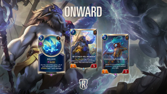 3 cards from LoR's newest expansion, Fate's Voyage: Onward, are featured on top of an image of the Wizened Helmsman holding a staff in their right hand and casting magic with their left. The cards from left to right are: Deluge; Wizened Helmsman; Vikrash the Exuberant.