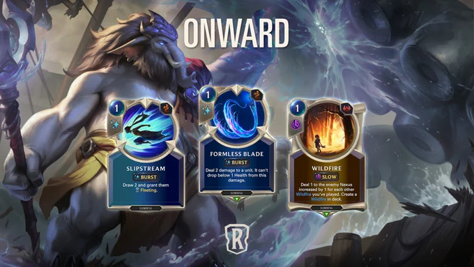 3 cards from LoR's newest expansion, Fate's Voyage: Onward, are featured on top of an image of the Wizened Helmsman holding a staff in their right hand and casting magic with their left. The cards from left to right are: Slipstream; Formless Blade; Wildfire.