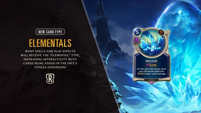 The Deluge card from LoR's newest expansion, Fate's Voyage: Onward, is featured on top of an image of the Eggnivia card. The Deluge card features water being poured from the top left corner. The Eggnivia card features an egg surrounded by thorns of ice while sitting in a snowy terrain. There is a description of the new “Elemental” card type: “Many spells and play effects will receive the “Elemental” type, increasing interactivity with cards being added in the Fate’s Voyage Expansion!”