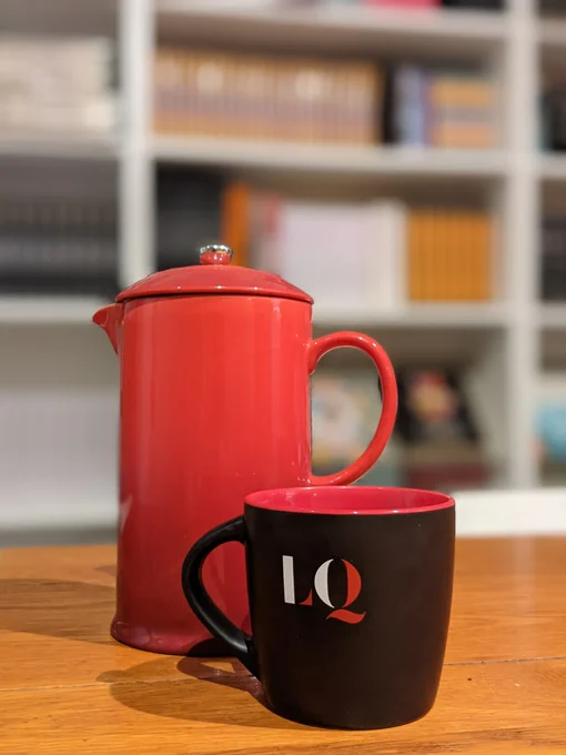 Coffee mug with LQ logo with Coffee Pot from Donna Barba Higuera.