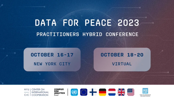 Data for Peace 2023, Practitioners Hybrid Conference; October 16-17 New York City; October 18-20 Virtual. Logos for CIC, CRAF'd, and NORCAP at the bottom in full color