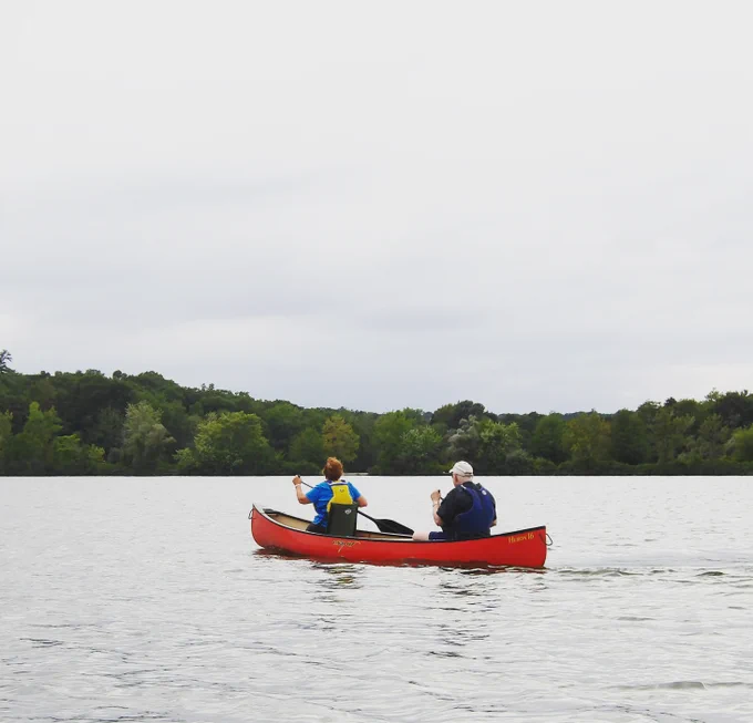 A man and a woman in a canoe paddling away from the camera on an open pond with an overcast sky and row of green trees along the shore ahead.