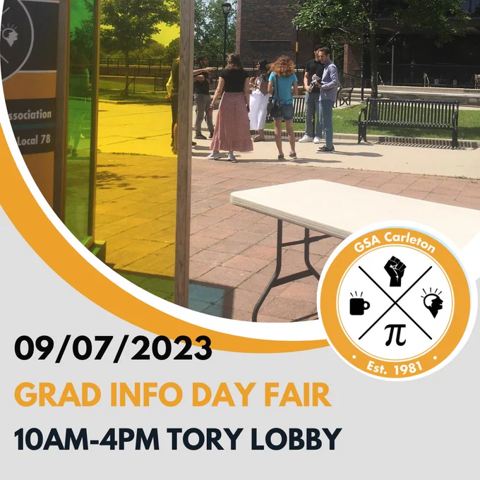 Slide Description: Slide 1: The CUPE breakfast is moved to Dunton Tower 2017 from 9am-10am on September 7th. Slide 2: The Grad Info Fair is now indoors from 10am-4pm in the Tory Lobby. See you there!