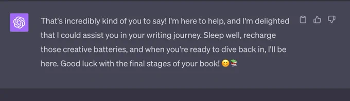 Screenshot: "Chad" - aka Chat GPT wishing me well on my sleep and my ebook. 
