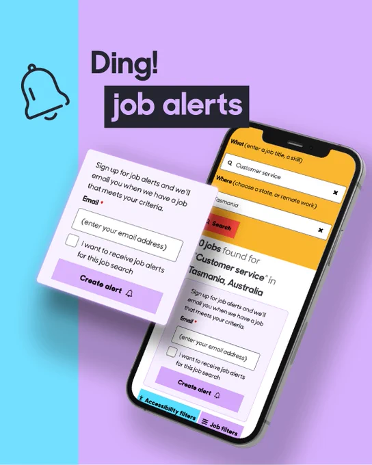 Ding! Job alert - A purple and aqua background with an iPhone displaying The Field website. A pop-up on the screen reads ‘Sign up for The Field job alert’ with ‘Enter your email’ in the input field