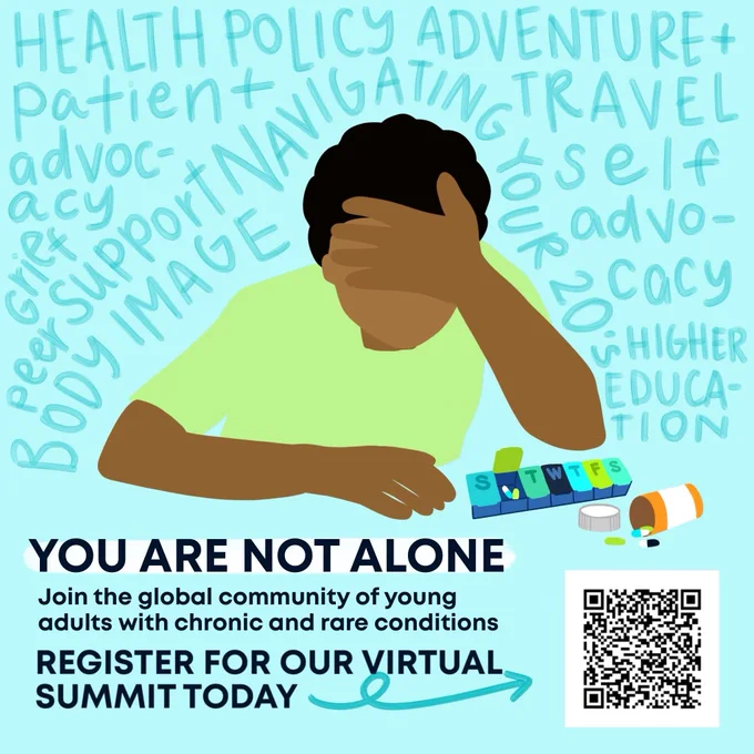 Illustration of a Brown person wearing a green shirt with their head in their hands, with an open pill organizer and pill bottle beside them. Words like “body image, health policy, and travel” surround them in the light blue space of the image background. Text at the bottom of the graphic reads: “YOU ARE NOT ALONE. Join the global community of young adults with chronic and rare conditions. REGISTER FOR OUR VIRTUAL SUMMIT TODAY” with an arrow pointing to a QR code.