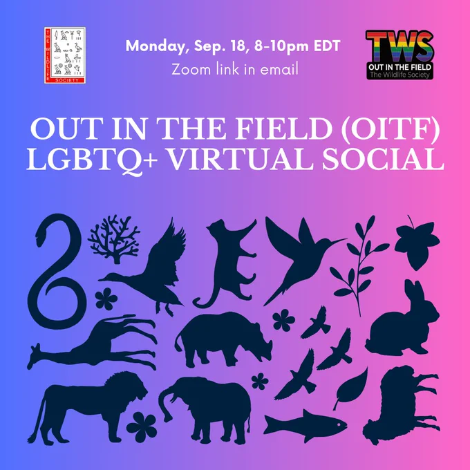 an event flyer for the upcoming OiTF virtual social. The flyer has a background gradient from blue on the left to pink on the right. The bottoms half of the image has black silhouettes of many animals and plants (e.g., a snake, elephant, and rabbit). Above that is white text with event info (see description above), flanked on either side by the TWS logo and the rainbow OiTF logo.