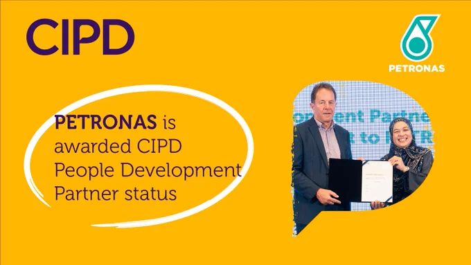 CIPD branded graphic displaying PETRONAS' logo with an image from the PDP signing ceremony. The text reads: 'The CIPD announces PETRONAS as the first People Development Partner in Asia'