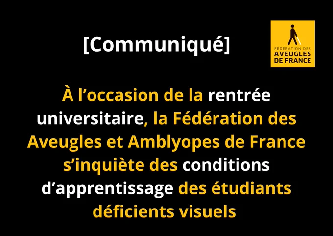  Sur fond noir avec le logo de la Fédération des Aveugles de France les mentions suivantes :
Communiqué - À l’occasion de la rentrée universitaire, la Fédération des Aveugles et Amblyopes de France s’inquiète des conditions d’apprentissage des étudiants déficients visuels.
