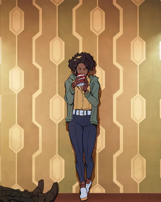 An image of Julianna Blake eating a slice of cake with her hands, with a partly-visible lower body (resembling Colt’s feet) laying motionless on the floor.   