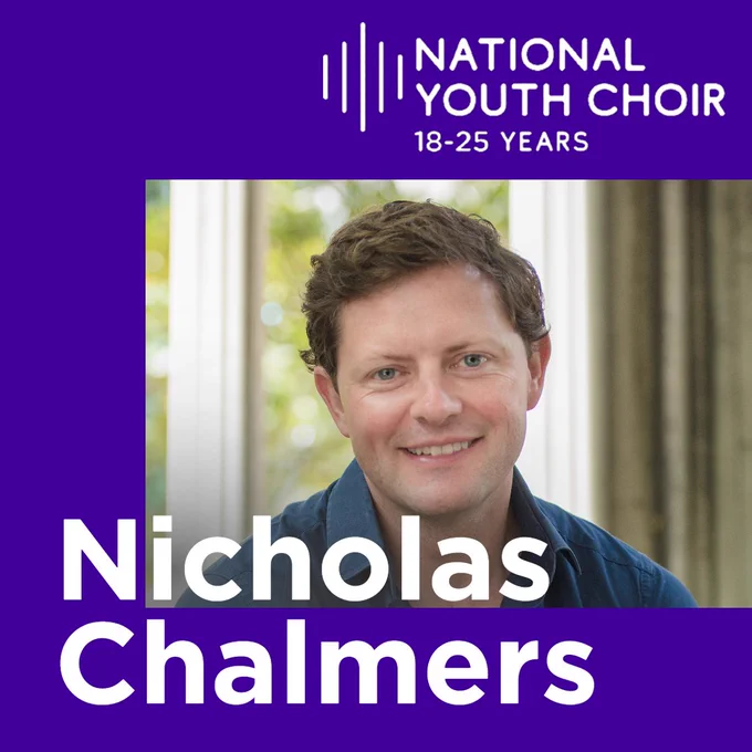 Boxy purple graphic with image of Nicholas Chalmers, a white man wearing a dark polo, and the text National Youth Choir 18-25 Years, Nicholas Chalmers