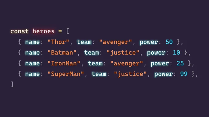 Código de JavaScript:

const heroes = [
  { name: "Thor", team: "avenger", power: 50 },
  { name: "Batman", team: "justice", power: 10 },
  { name: "IronMan", team: "avenger", power: 25 },
  { name: "SuperMan", team: "justice", power: 99 },
]