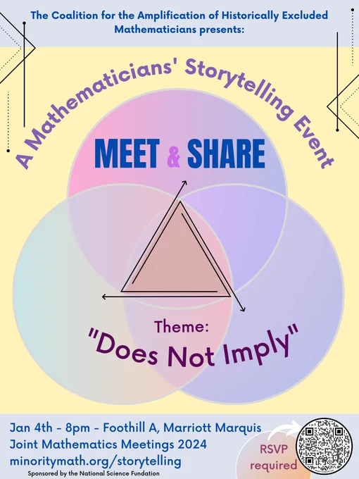 This is the event poster for the storytelling event MEET and SHARE at JMM 2024. Theme of this year's event is "Does not imply." Date and time of the event: January 4th, 8 pm at Foothill A, Marriot Marquis. You can RSVP for the event at minority math.org/storytelling. This event is presented by the Coalition for the Coalition for the Amplification of Historically Excluded Mathematicians (CAHEM). It is sponsored by the National Science Foundation.