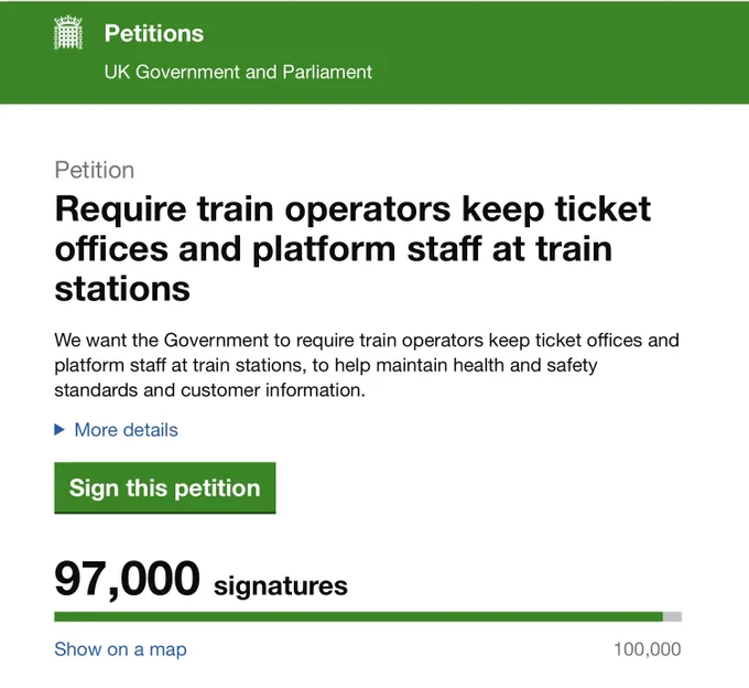 Screenshot of the save ticket offices petition showing that just 3,00 signatures are needed for a Parliamentary debate