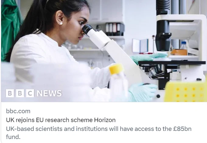 BBC report on the UK rejoining the EU's flagship scientific research scheme, Horizon.

UK-based scientists and institutions will be able to apply for money from the £81bn (€95bn) fund from today.