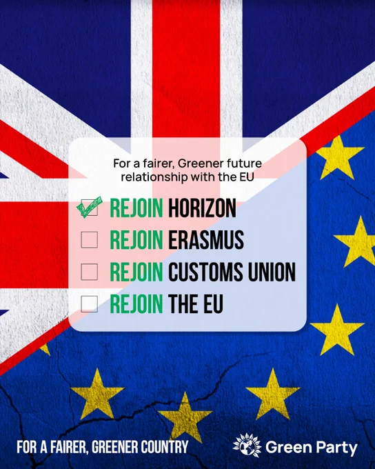 For a fairer, Greener future relationship with the EU  REJOIN HORIZON - check REJOIN ERASMUS REJOIN CUSTOMS UNION REJOIN THE EU  FOR A FAIRER, GREENER COUNTRY Green Party