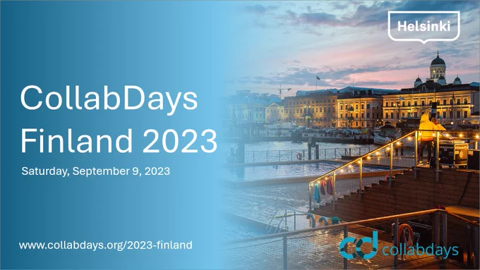 CollabDays Finland 2023 promo picture with the link to session schedule and evening picture of Helsinki downtown