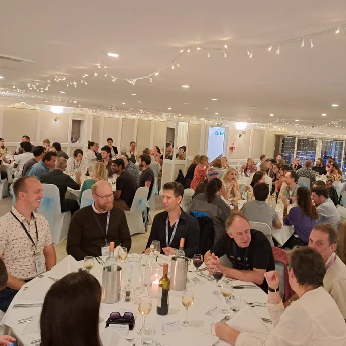 Entomologists seated at their tables at the Ento23 conference dinner (Greenbank Hotel, Falmouth)