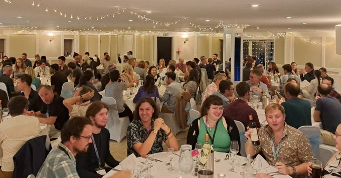 Entomologists seated at their tables at the Ento23 conference dinner (Greenbank Hotel, Falmouth)