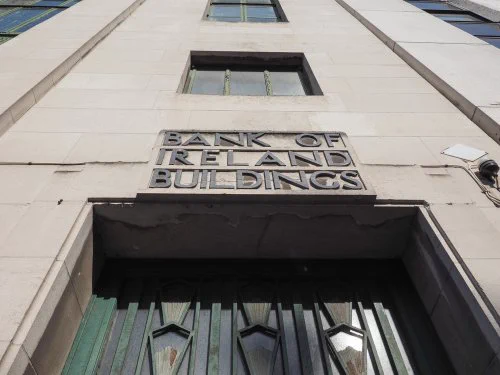 Entrance to former Bank of Ireland building on Royal Avenue, showing the art deco features of the building.