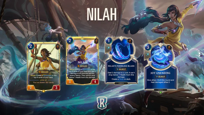 4 cards from LoR's newest expansion, Fate's Voyage: Onward, are featured on top of an image of Nilah dashing across some ship debris with her whip-blade in her left hand. Dedicant of the Challenge is seen in the background, holding on to some rope. The cards from left to right are: Nilah; Nilah (Level 2); Nilah's Formless Blade; Joy Unending.