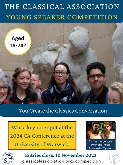 Poster showing people assembled in a cast gallery with words about the competition and a photo of two of the judges. Entries close 10 November 2023. 